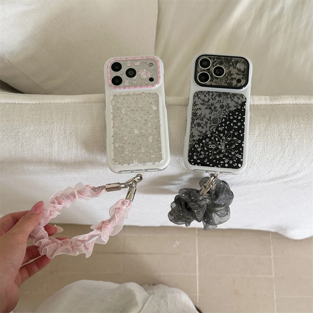 Kawaii Coquette Phone Case For iPhone 15 16 17 18 Pro Max Lace Floral Print Shell With Ruffle Lace Hand Shockproof Phone Cover