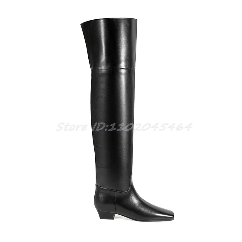 2024 New Women's Black Leather Low Heels Over Knee High Boots Square Toe Soft Thigh High Boot Luxury Designer Causal Dress Shoes