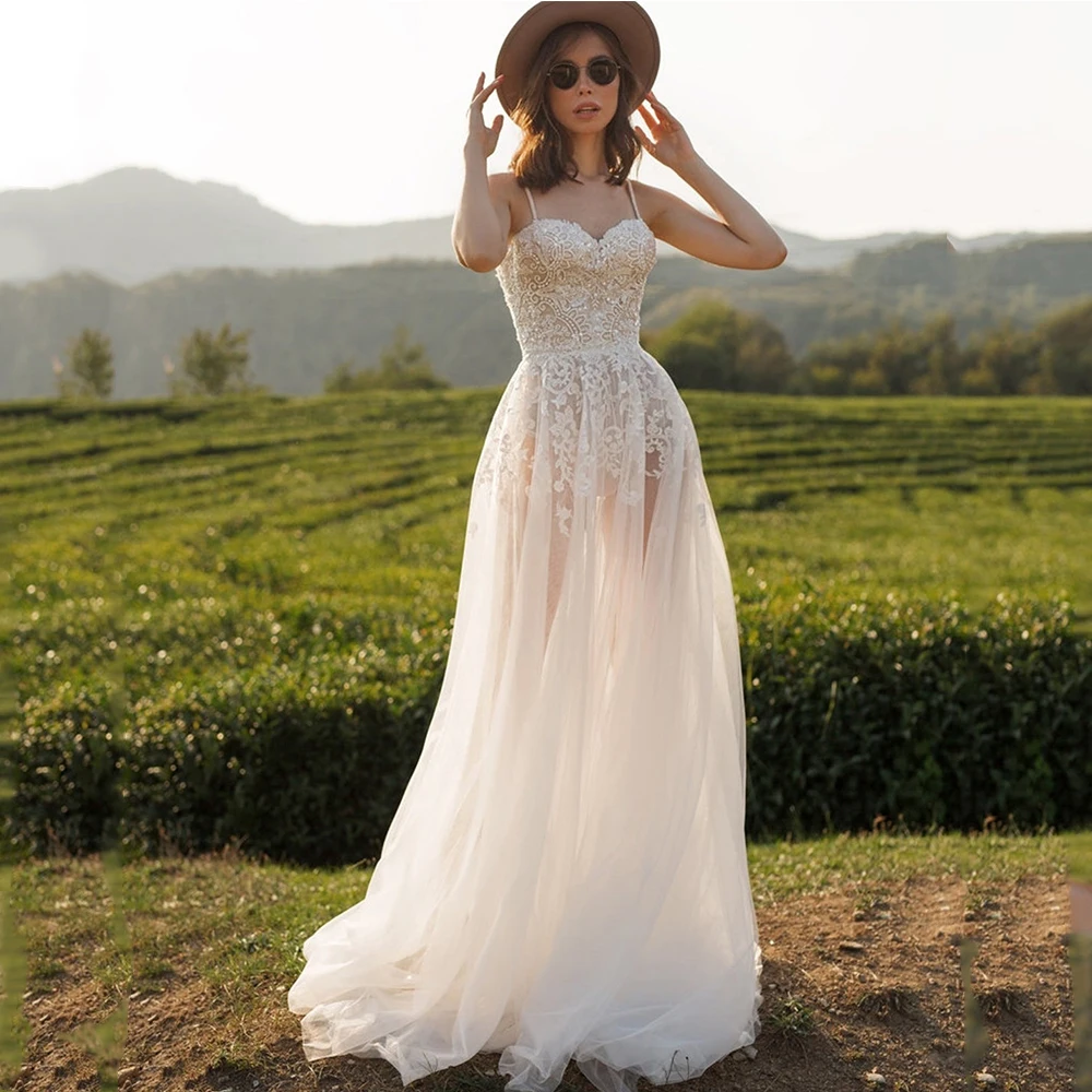 

Aviana Pastrol Sweetheart Collar Spaghetti Straps Sleeveless A-Line Wedding Dress For Bride Floral Pattern Tulle Robe De Mariée