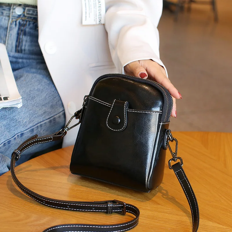 Real Cowhide Mobile Phone Bag Solid Small Messenger Women's Bag Summer Single Shoulder Crossbody Bag Lady Soft Leather Purse