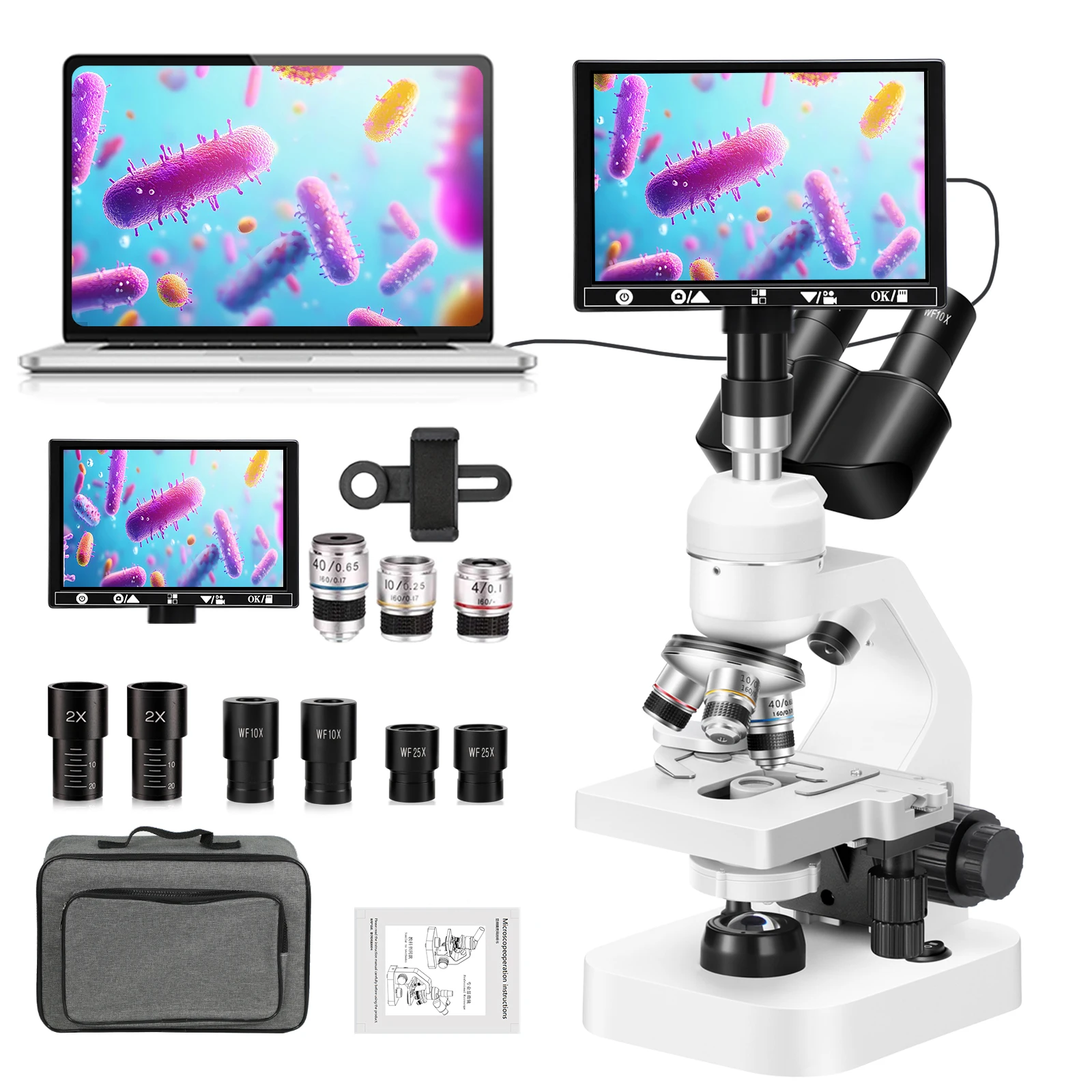 Trinocular Professional Lab Optical Microscope, 2000X HD Biological Microscope for Microbe Cell Observation, Full Accessories Se