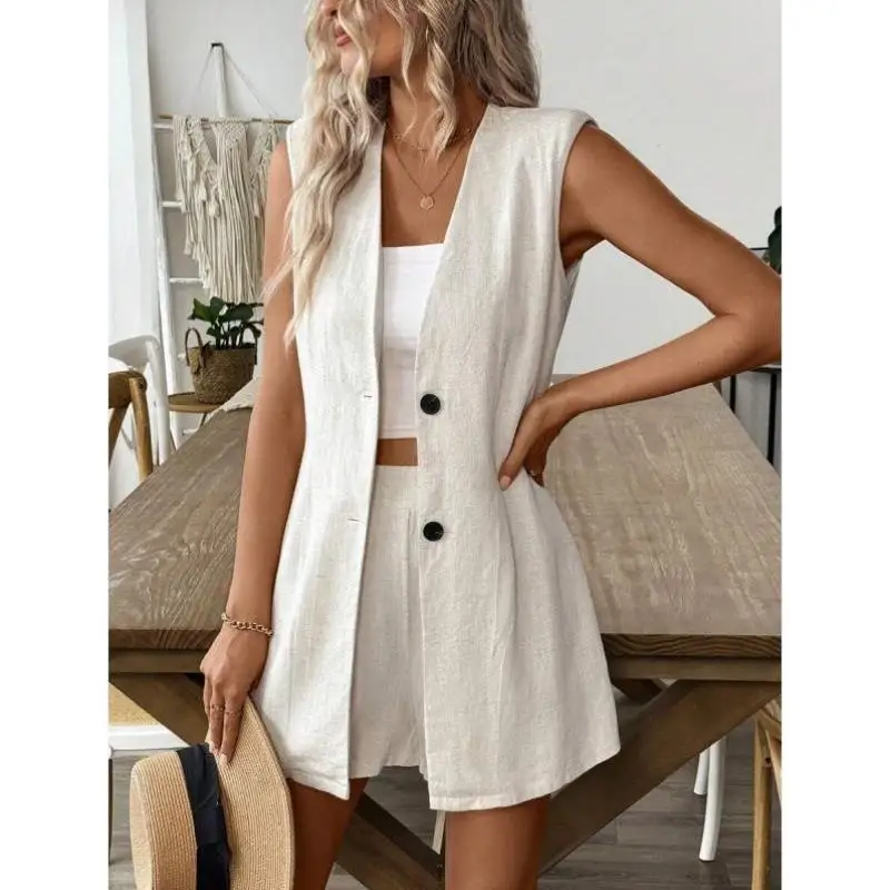 

New E 352 Pure Color Single Button Svel Vest orts Set Casual Sportswear Autumn Season Seven Sve Length