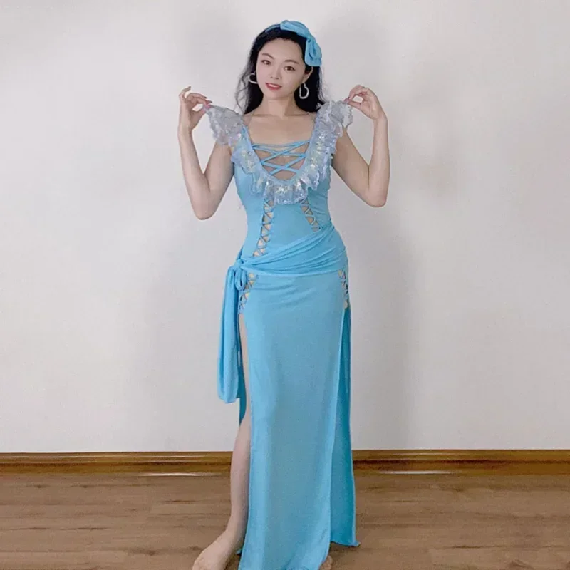 

Танец живота, направленный живот, индийская цыганская танцевальная одежда, бюстгальтер, пояс-цепочка, шарф, круглая юбка, комплект платья, восточный этнический танец