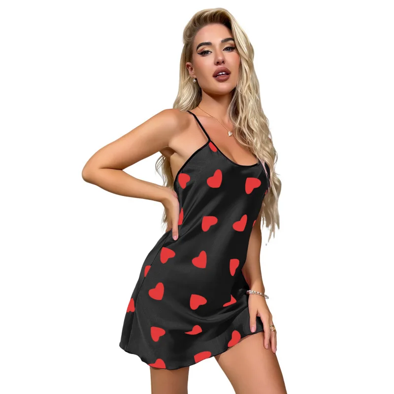 Sleepwear Women's Sexy Lingerie Heart Print Nightdress Scoop Neck Criss Cross Back Sleepdress Nightgowns Pajamas Nighties