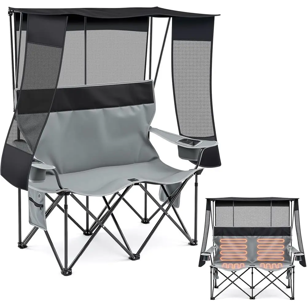 

Durable Double Camping Loveseat with 660lbs Capacity, Padded Seats, Cup Holders, Ideal for Beach or Backyard Use in Any Weather