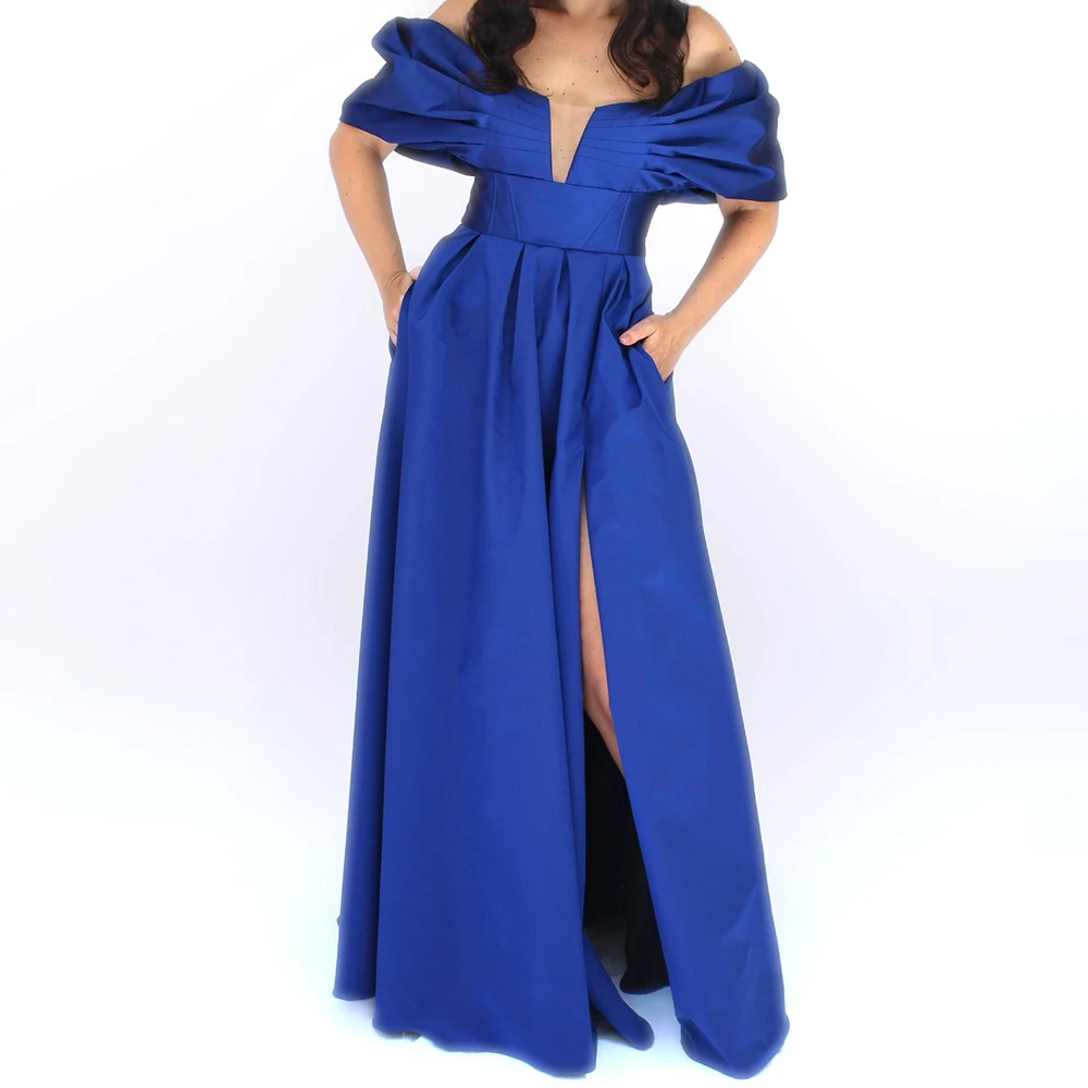 

Customized High Quality Pleat Boat Neck Floor Length Front Slit платье вечернее A-Line Satin Off The Shoulder Vestidos De Fiesta