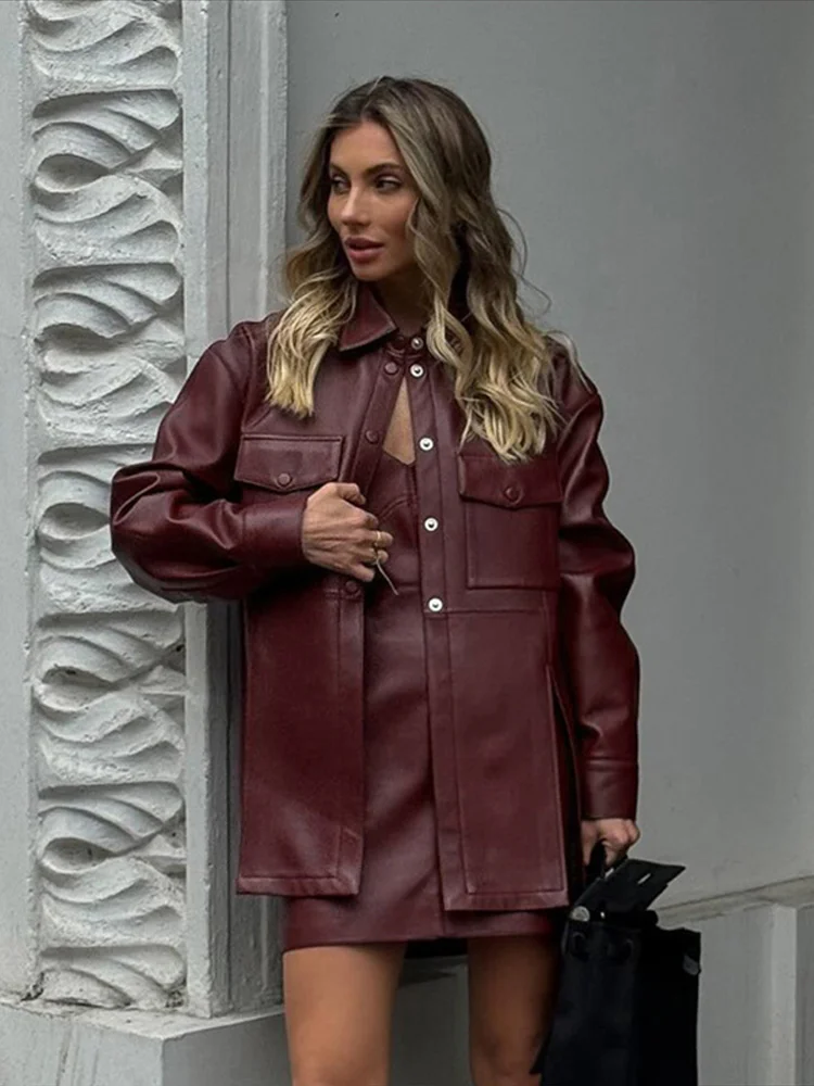 PU Leather Jackets Sling Dress Two Pieces Set Women Elegant Lapel Button Shirts Spaghetti Strap Mini Dress Sets Chic Outfits