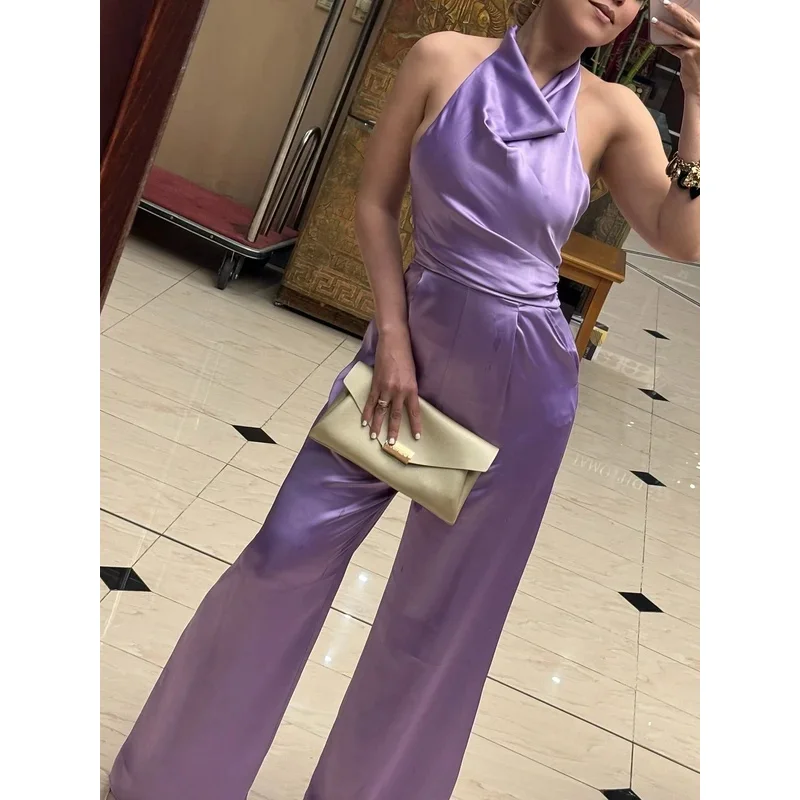 

Retro Casual Women's Satin Jumpsuit Backless Solid Color Straight New Fashion Summer Party Holiday Jumpsuit for Women