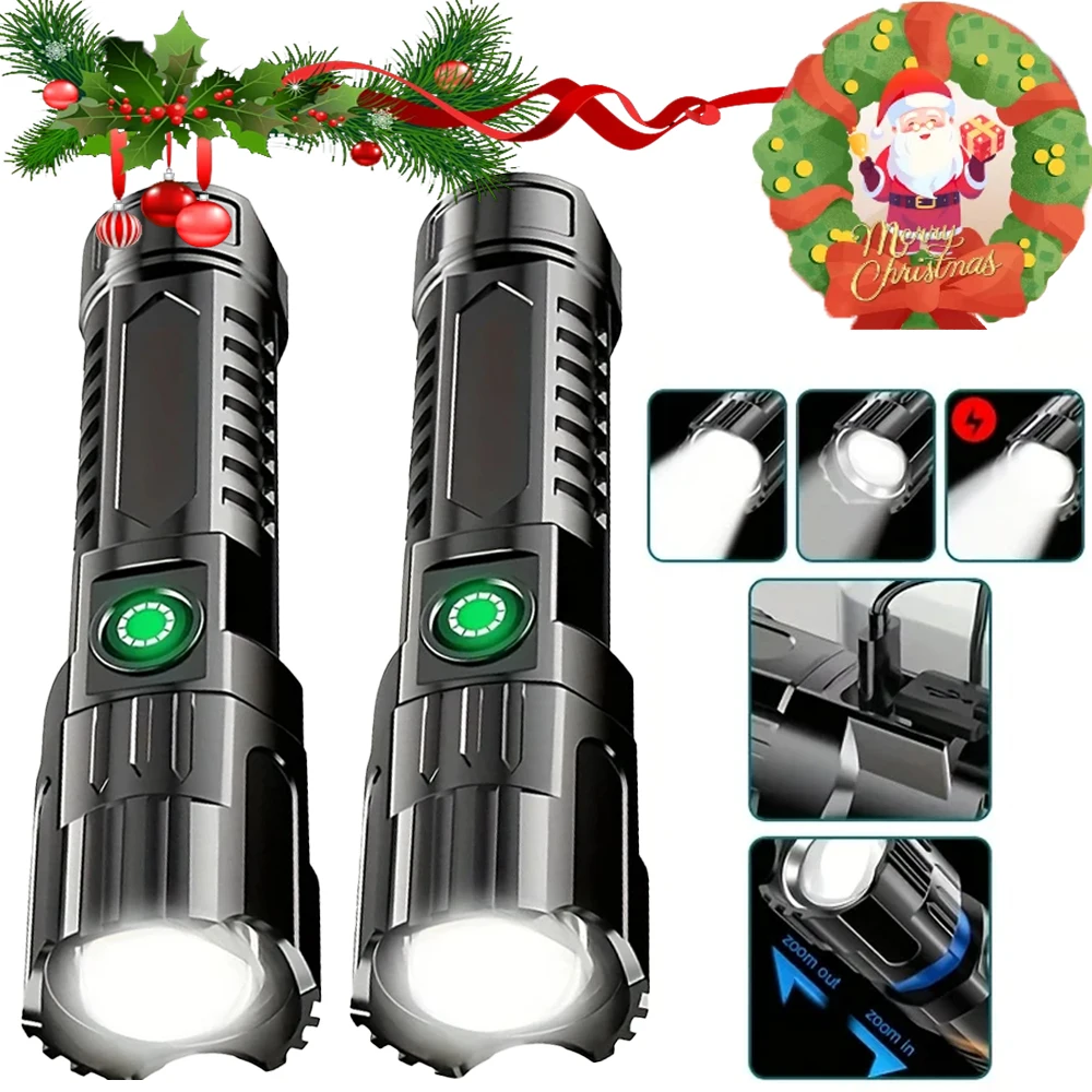 Powerful LED Flashlight USB Rechargeable Torch Super Bright Zoomable Lamp 3 Lighting Modes Camping Hiking Lantern Emergency Lamp
