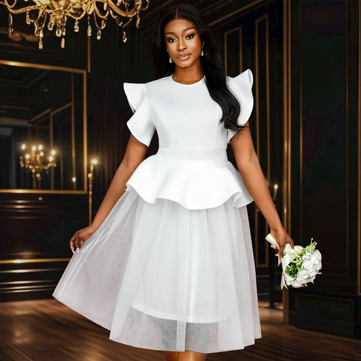 

Am 041119 New Style Mesh Puff Dress Cake Dress Party Reception Wedding Host Dress 2025 Summer Dress Robe Vestido Women Elegant