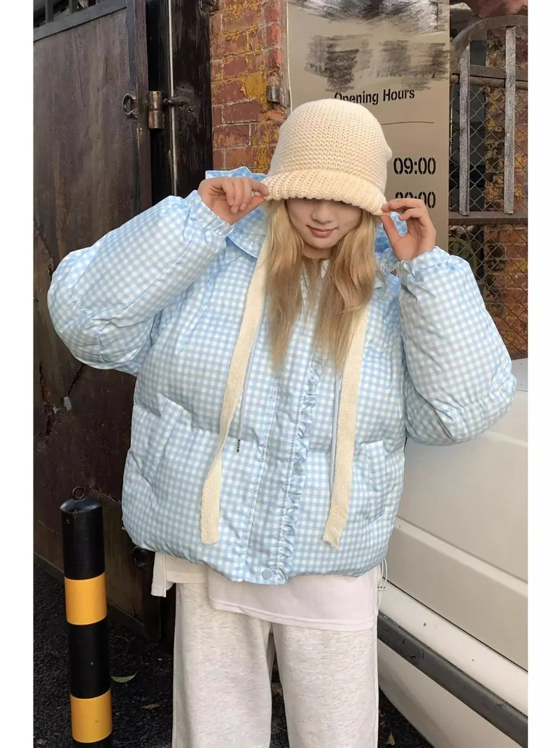 Mori Girl Style Lolita Sweet Women Parkas Quilted Coats Thicken Winter Puffer Jacket Sky Blue Plaid Cute Dog Ruffled Edge Hooded