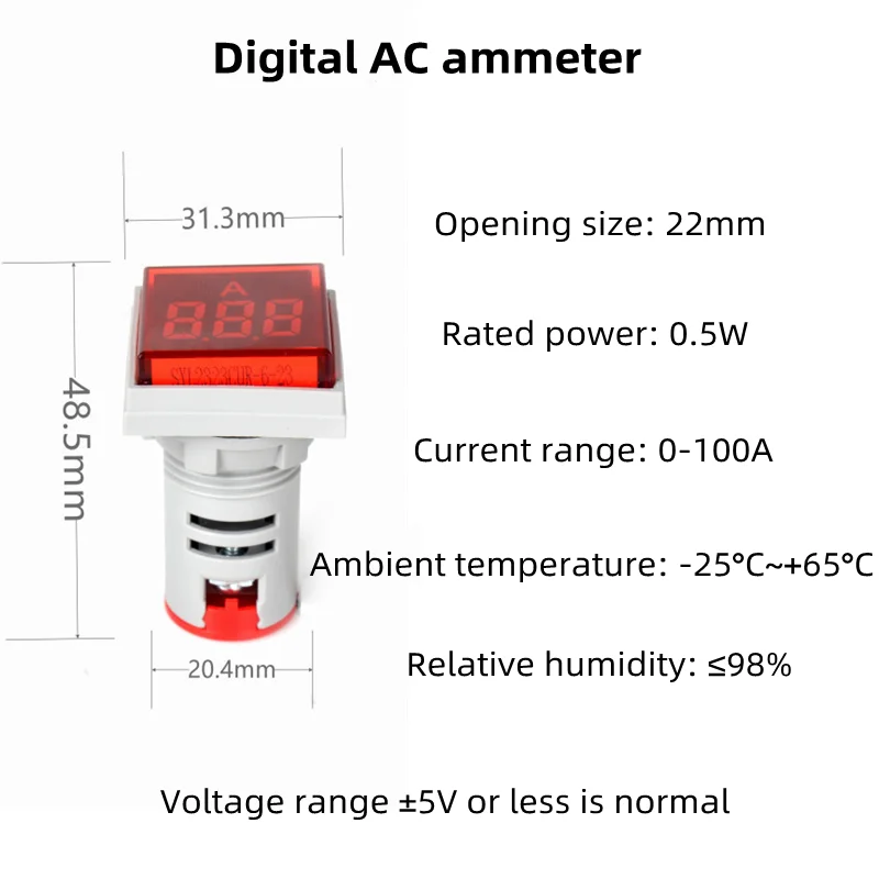 22mm Mini Digital Voltage and Current HZ Meter Square AC 20-500V Voltage Test Meter Power LED Indicator Test Light Display