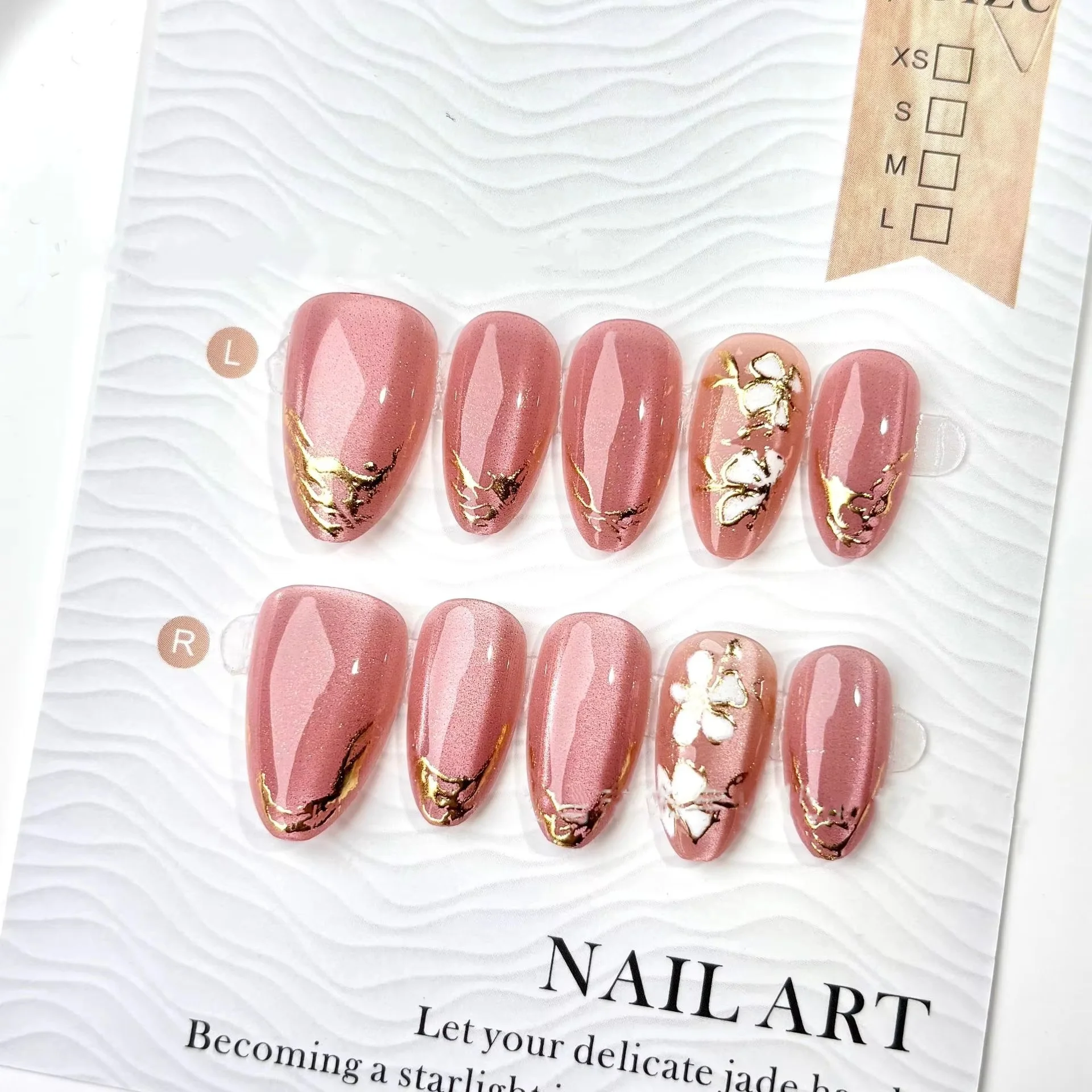 24 Uds. De uñas postizas con lazo dorado y rosa, uñas postizas con diamantes de imitación de ojo de gato rojo, longitud media, almendra, cubierta completa usable, puntas de uñas