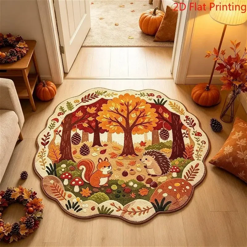 VIKAMA Tree Ring Toadstool Pine Cone Harvest Foliage Round Rug Woodland Countryside Floor Mat Room Decor Accent Stylish Soft