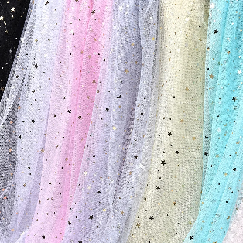 Glitter Star Moon Sequined Starry Tulle Lace Fabric Pink Mesh Material Wedding Gown Nail Shooting Background