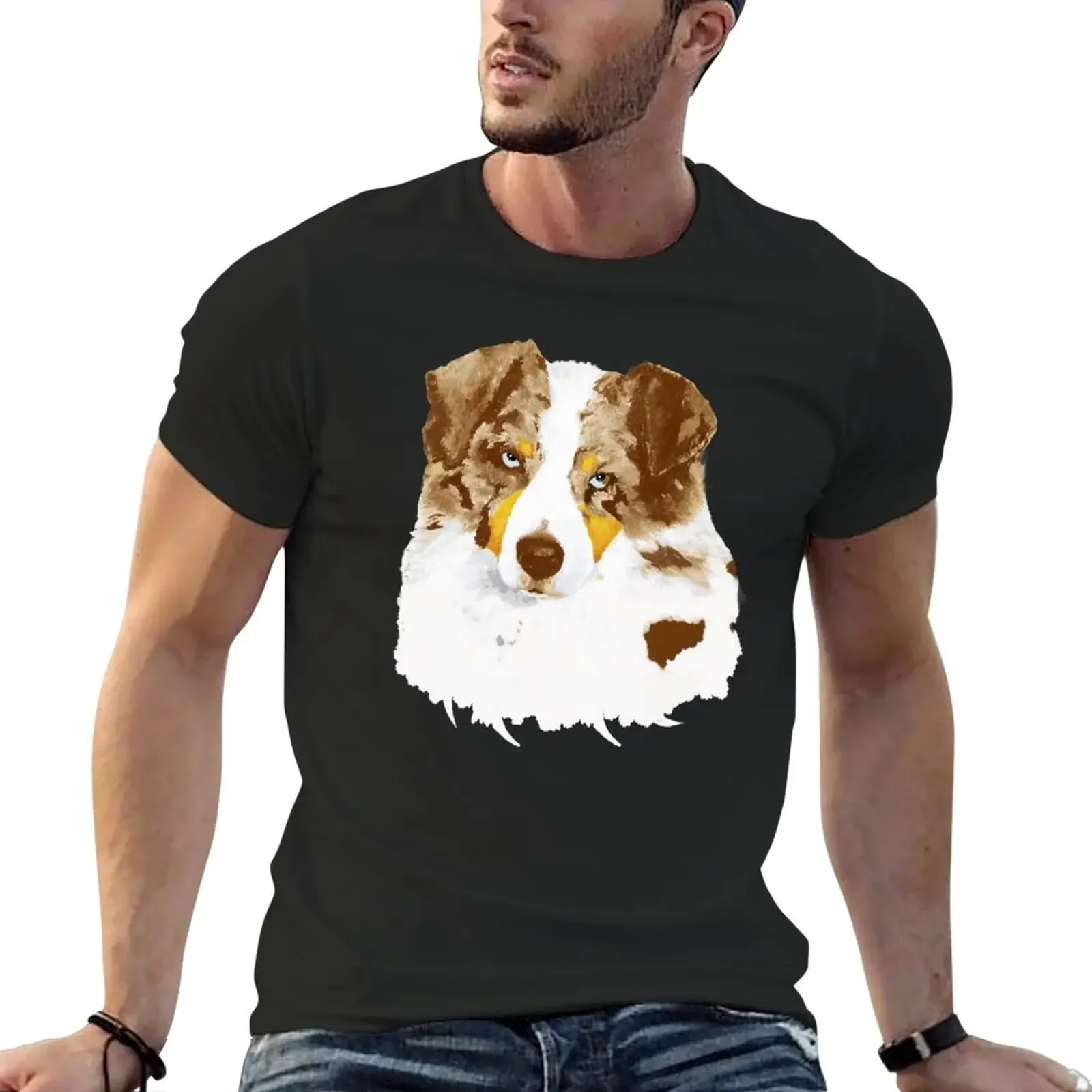 Red Merle Australian Shepherd Dog Portrait T-Shirt plain boys whites korean fashion Men's clothing