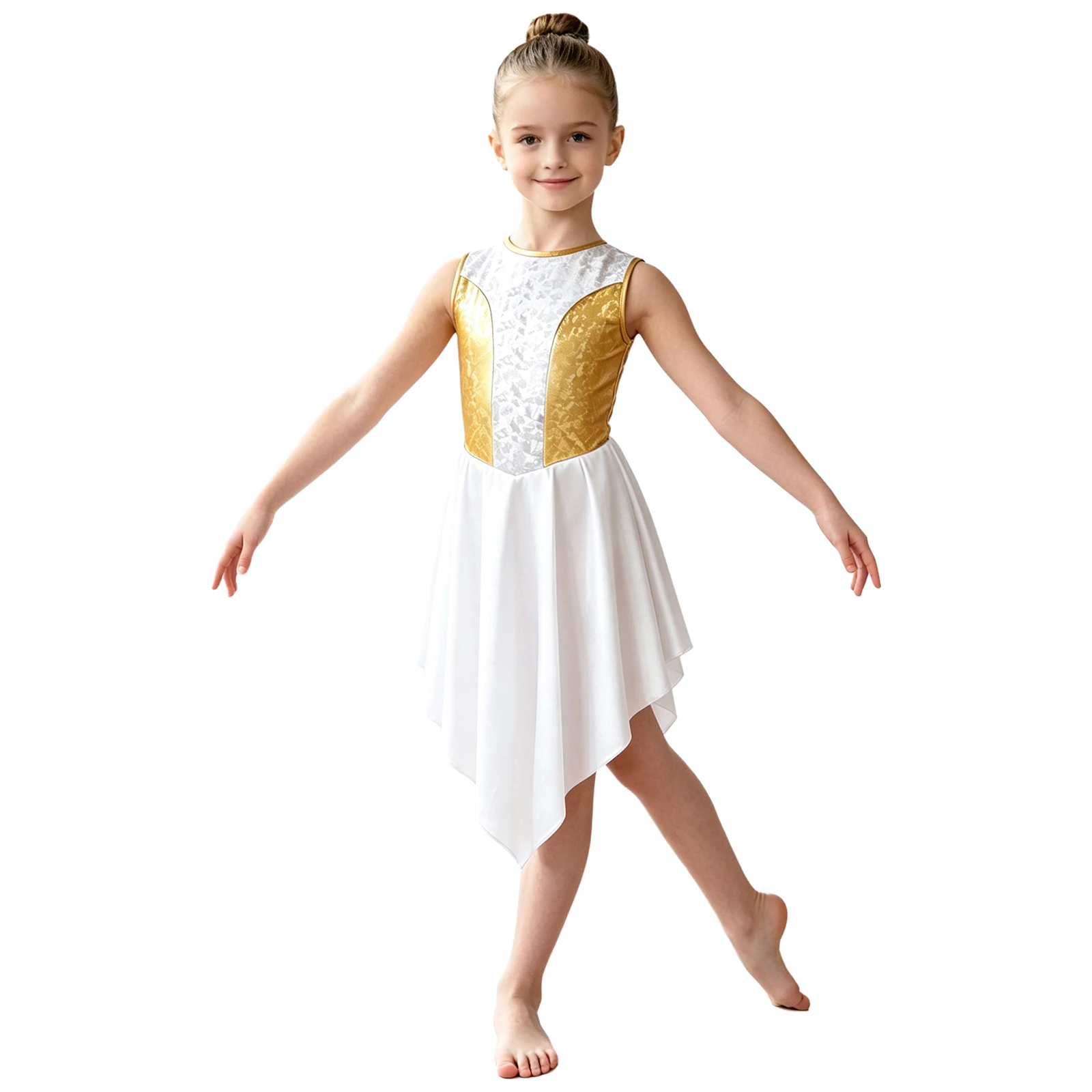 Kids Girls Praise Liturgical Lyrical Dance Tunic Dress Church Choir Worship Costume Sleeveless Metallic Shiny Bodice Dresses - view 2