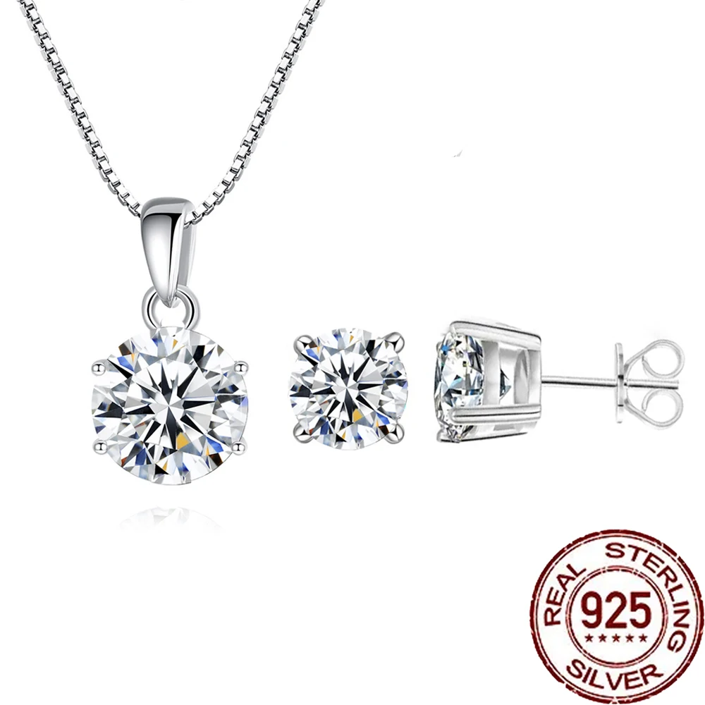 CWWZircons النقي 925 فضة تألق مكعب مستدير من الزركونيوم قلادة بسيطة أقراط للنساء مجموعات مجوهرات الزفاف ST010 #1