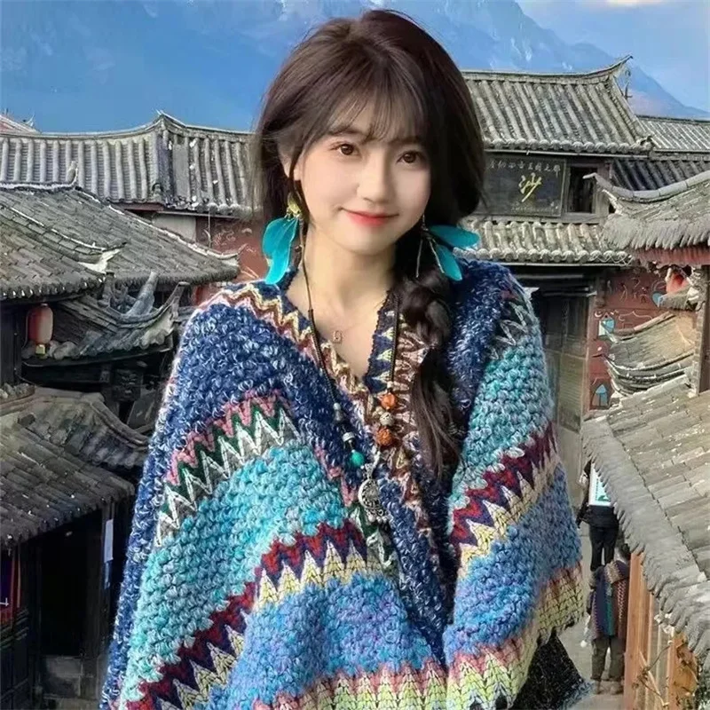 Ethnic Style Xizang Travel Wear Cape Coat Shawl Spring Autumn Winter Scarf Women Blanket Cloak Ladies Casual Wild Knitted Scarf