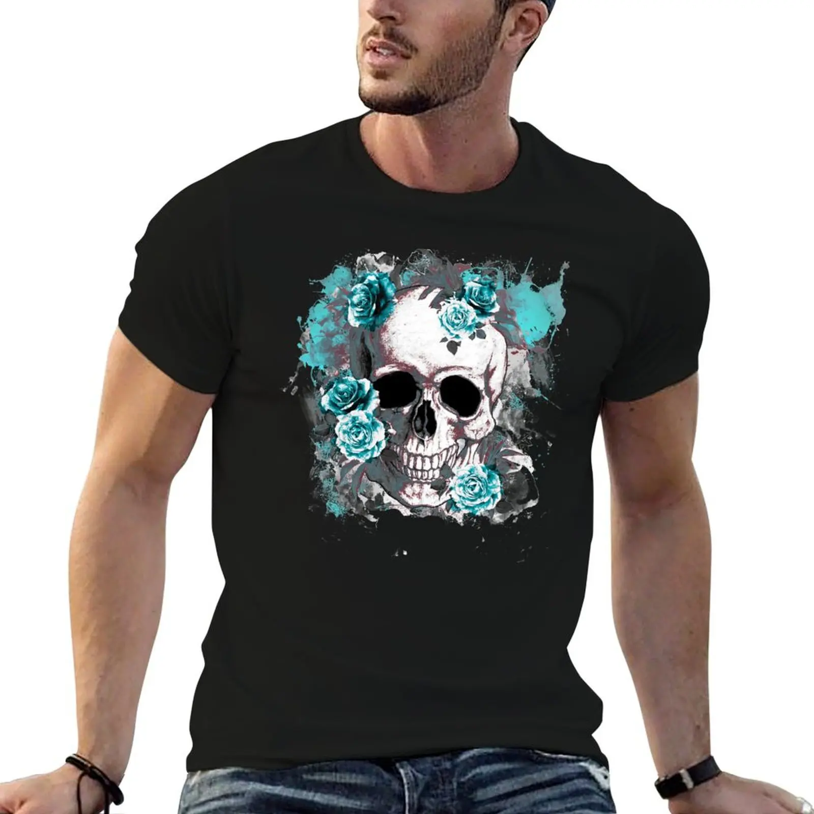 Skull human anatomy floral, turquoise watercolor roses,mask cool, funny,cute T-Shirt Thanksgiving Casual Tee