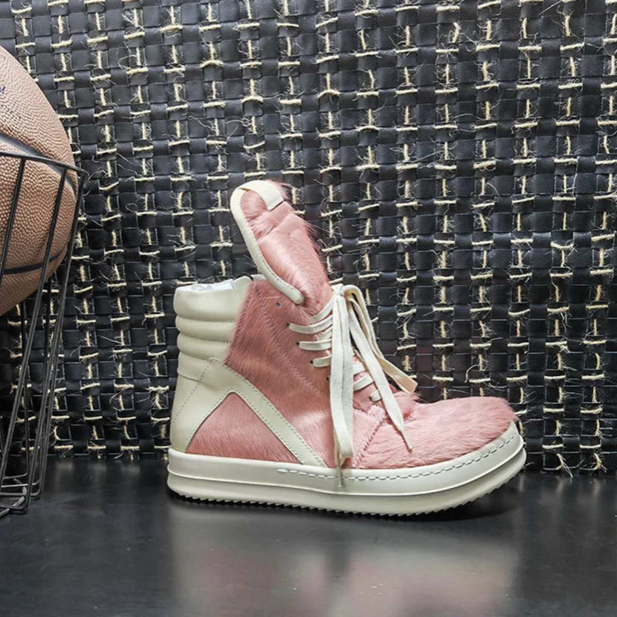 R-o Classic Boots Men Shoe Pink Horse Hair Women High Top Shoes Sneaker White Leather Pink Horsehair Ankle Boot Outside Sneakers