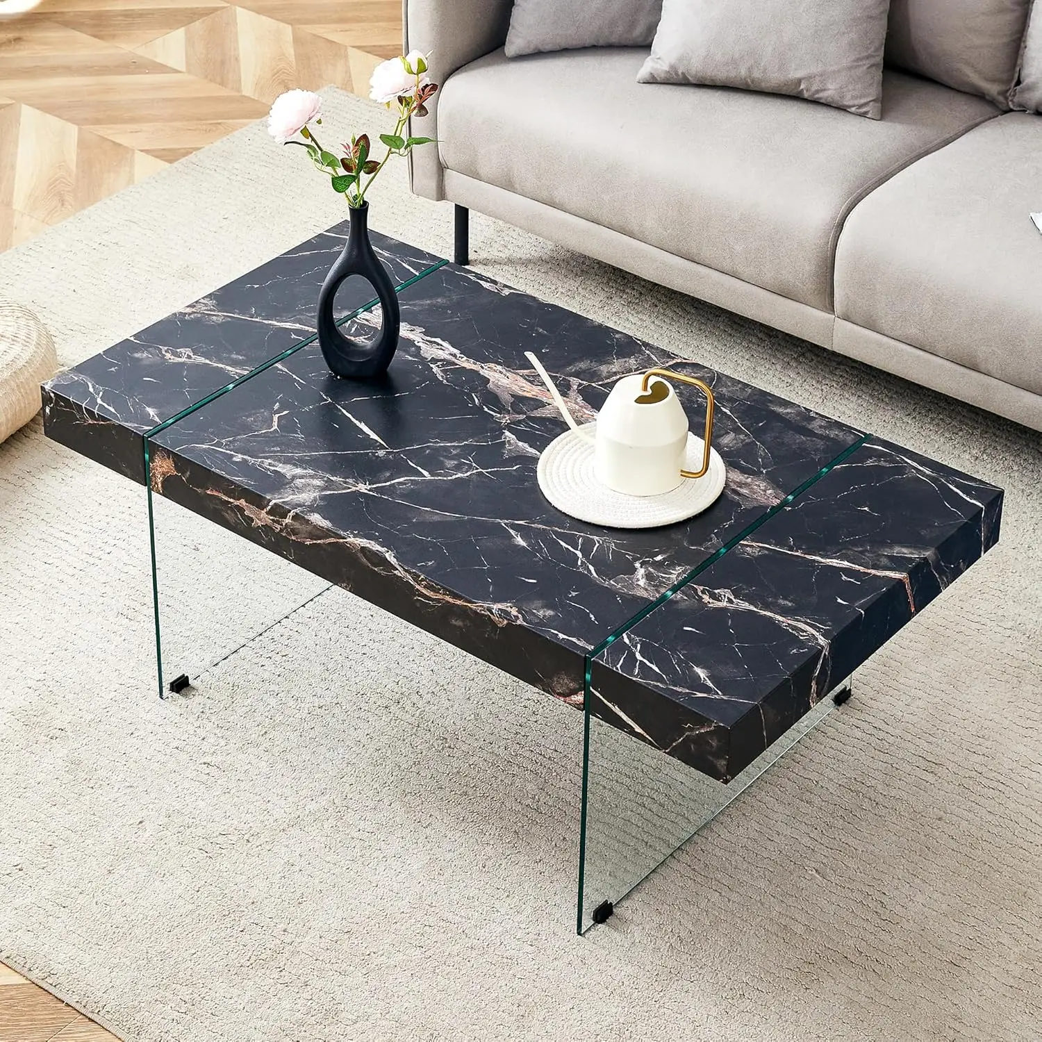 Black Marble-Patterned Mdf Coffee Table with Tempered Glass Legs.Suitable for Living Room.It Can Be Used Not Only as a Coffee Ta