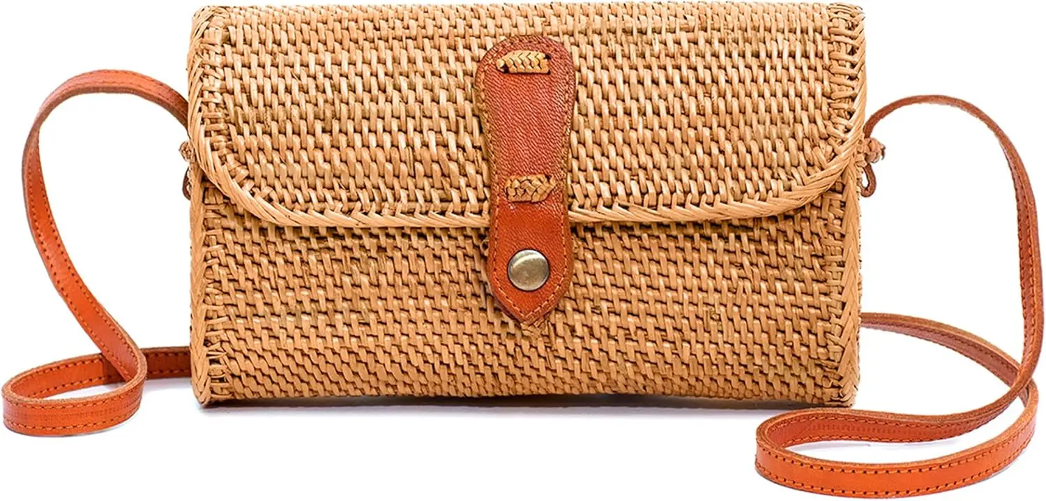 

Handmade Round Rattan Purse for Women - Woven Straw Boho Bag in Brown, Circle, Square, Oval Designs
