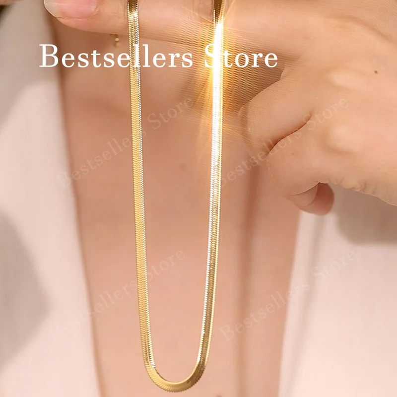 925 Sterling Silver, 18K Gold, 18-24 Inches, 4mm Blade Chain Necklace, Fashionable, Charming, Elegant, Gift Jewelry
