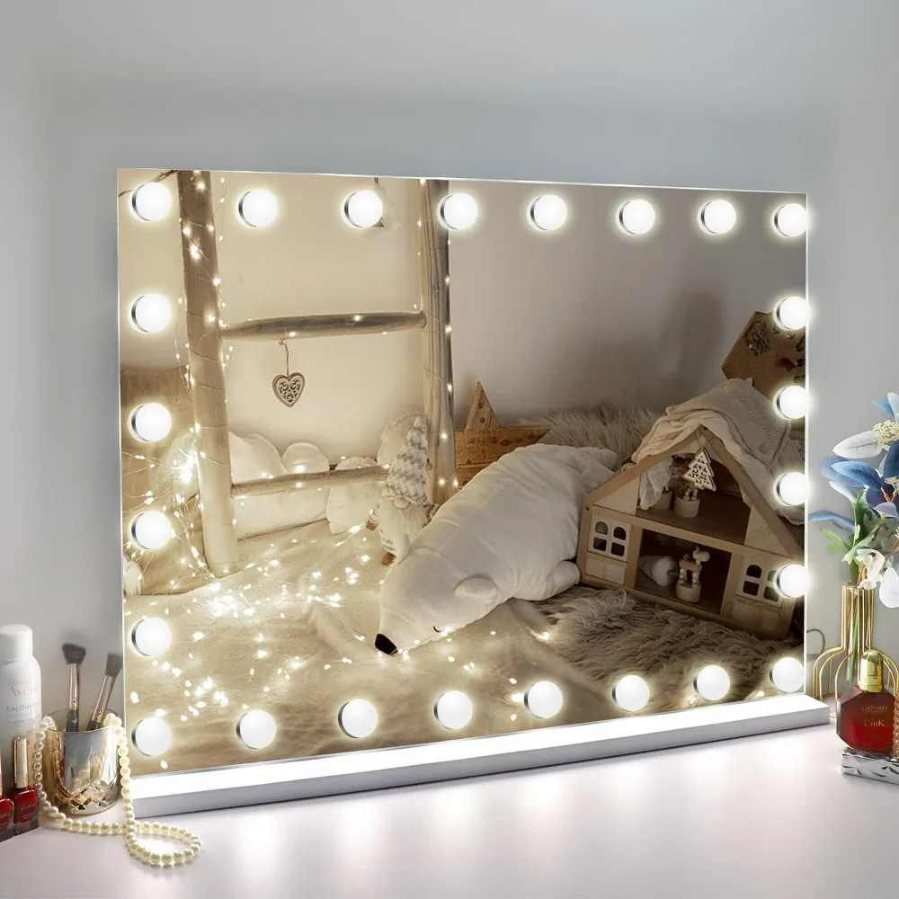 

Vanity Mirror with Lights, 31.5"x 23.6",10X Large 24 Dimmable LED Bulbs,3 Color Modes,Touch Control,Tabletop Wall-Mounted