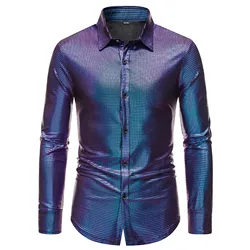 Mens laser Shirts Sequins shirt 70s Disco Party Tops Gold Silver Plaid Blouses Rainbow Print Long Sleeve lapel camisas de hombre