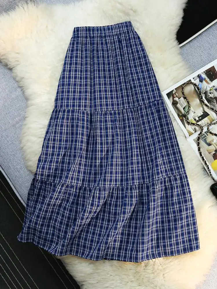 

Retro French Women Blue Patchwork Plaid Elastic High Waist Pleated Long Skirt Spring Summer Holiday Versatile Half Skirt Popular