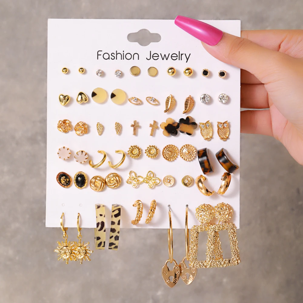 NEW 30 Pairs Metal Stud Earrings Set for Women Gold Color Crystal Acrylic Butterfly Leaf Sun heart Owl Earring Sets Jewelry