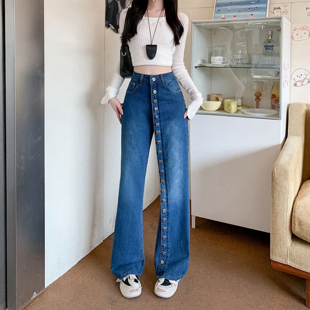 American Style Design Sense Niche Single Breasted Jeans Versatile Slim High Waist Stright Tube Wide Leg Women's Denim Pants