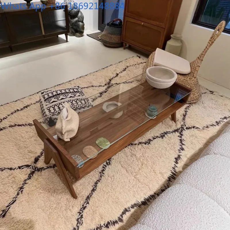 

Wabi-Sabi Style Solid Wood Coffee Table for Living Room, Small Apartment Square Coffee Table, White Ash Wood Glass Coffee Table