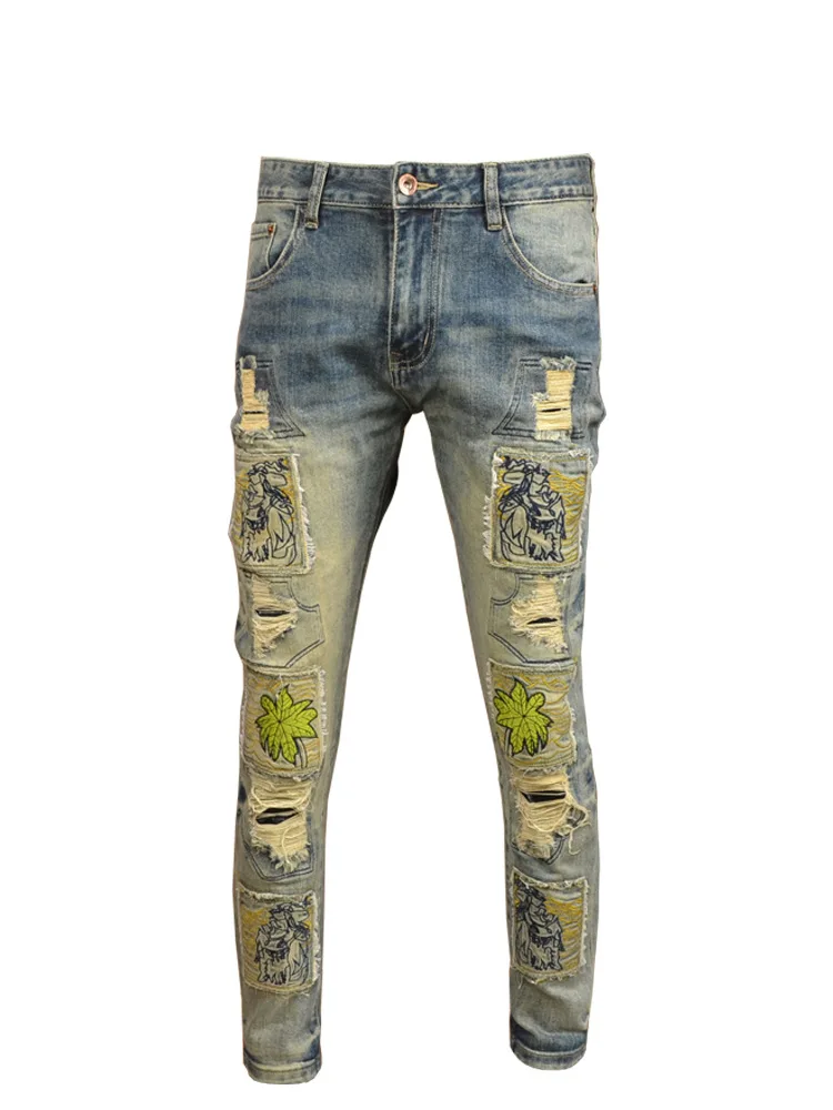 Retro Make Old Ripped Jeans Men's Pu Handsome Stretch Slim Fit High-End Embroidery Scrape Patch Style Motorcycle Trousers