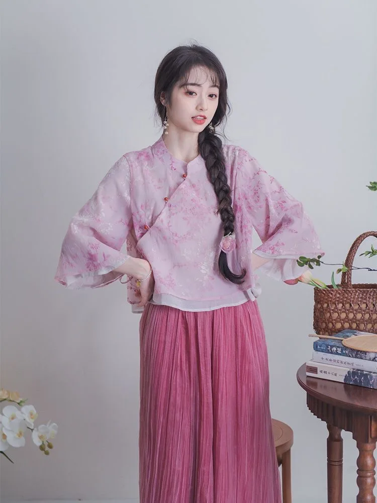 Chinese Traditional Clothing Pink Women\'s Clothing Suit Summer Slanted Collar Stand Up Top Wide Leg Pants Retro Two-piece Set