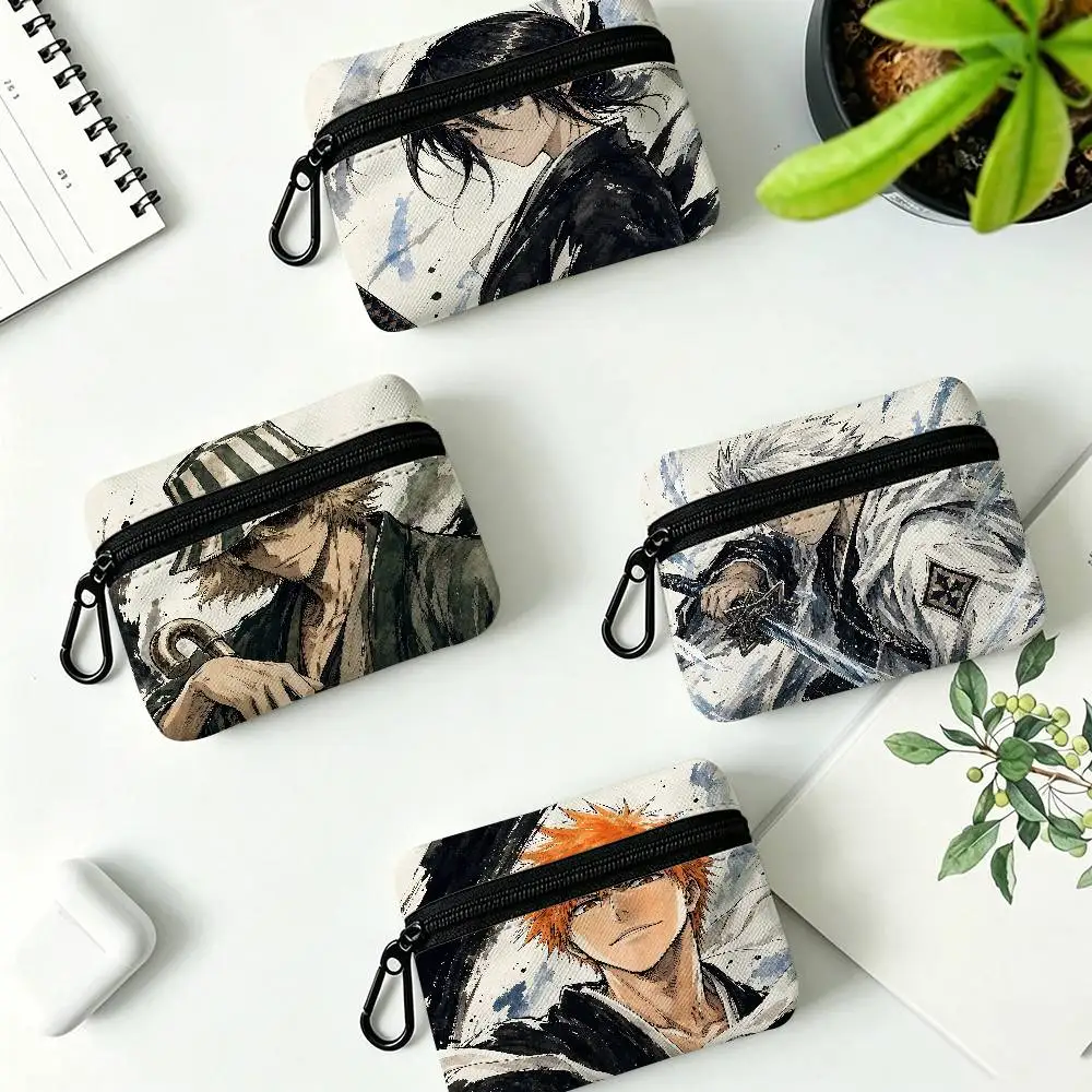 Anime B-Bleach Mini Oxford Cloth Coin Purse With Carabiner Hook Portable Key Card Wallet Small Zipper Storage Pouch