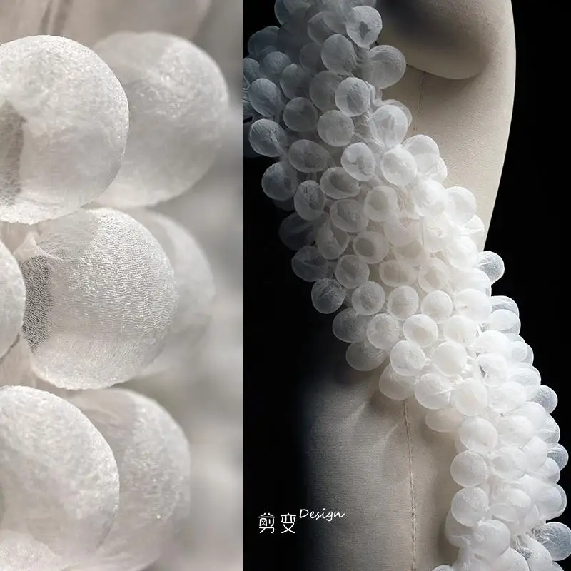 

White Bubble Heat Setting Pleated Mesh Fabric Lace Gift Clothing Designer Diy Sewing Material Wholesale Cloth