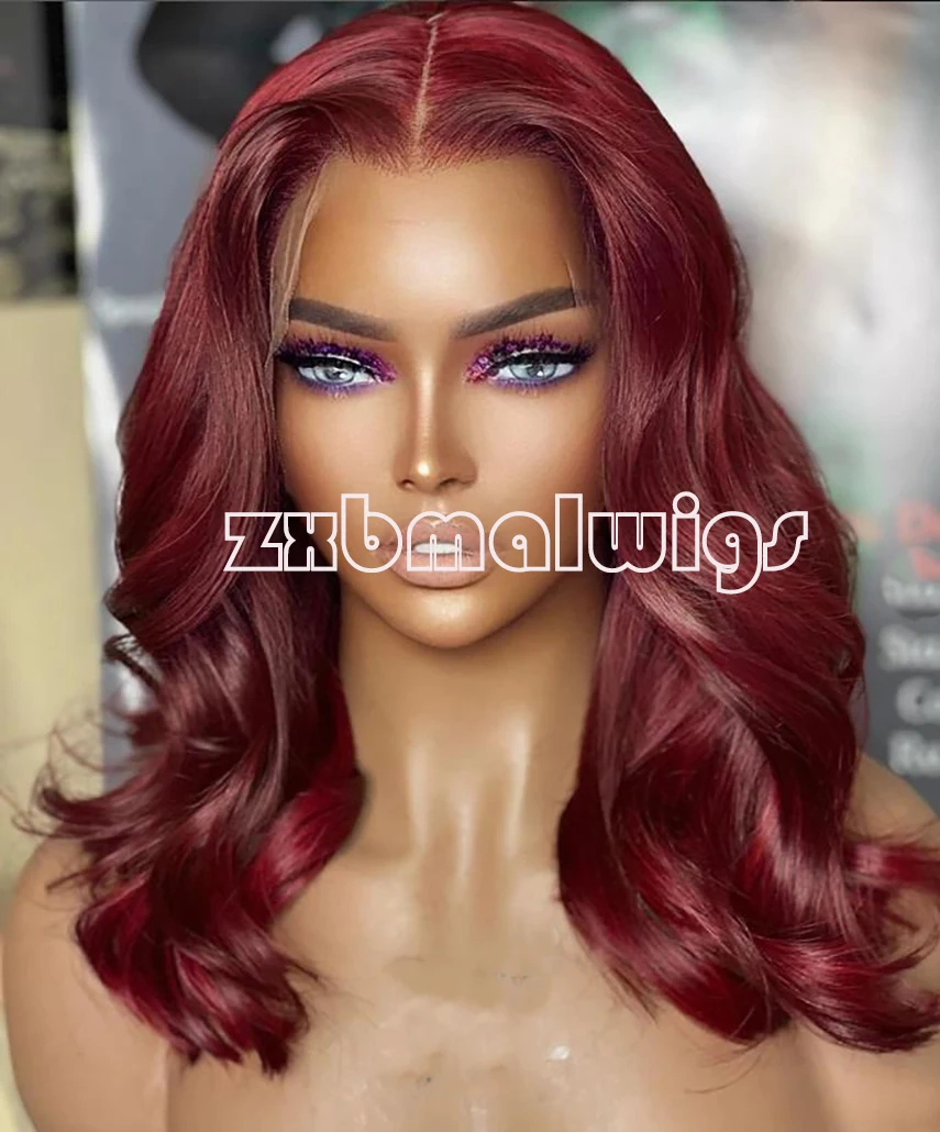 

Синтетический парик с короткой волнистой текстурой, цвет бургундский, 13x4, с кружевной передней частью, для женщин, без клея, предварительно выщипанный, для повседневного использования и косплея, термостойкий волоконный материал