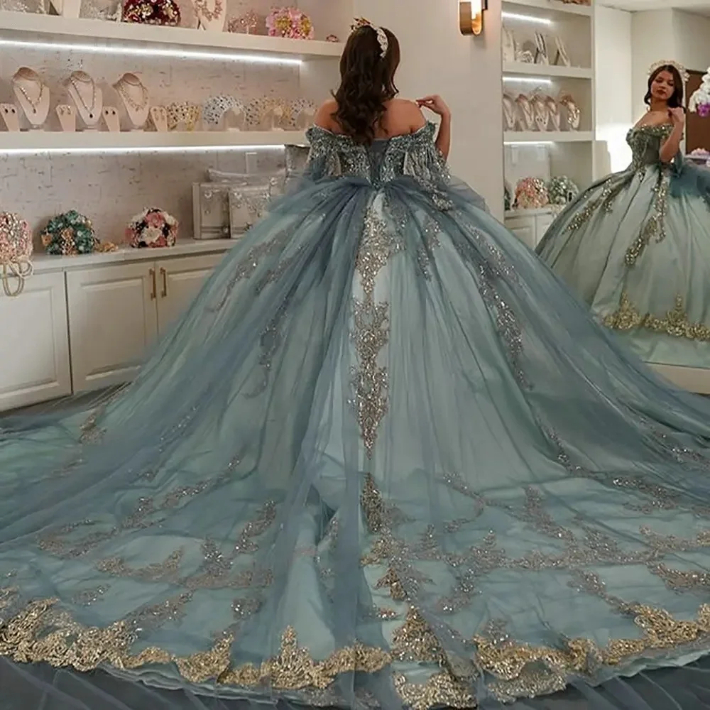 Puffy Charro Quinceanera Dresses Ball Gown Off The Shoulder Appliques Beaded Mexican Sweet 16 Dresses 15 Anos Customized image 2