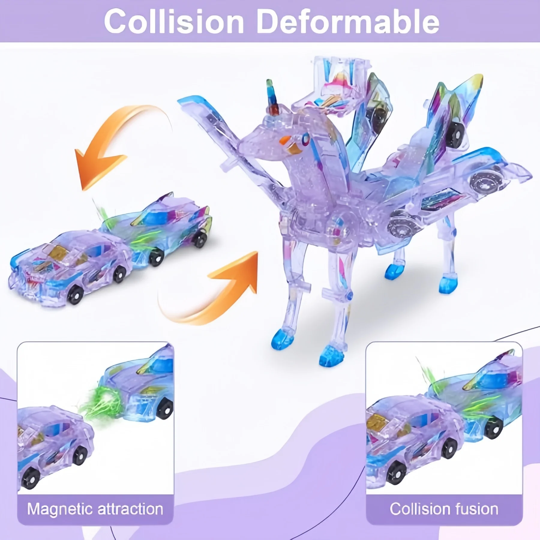 Magical Transforming Unicorn Toy, 2‑in‑1 Crash Transform Car, Crystal Sparkle Creative Collision Deformation Vehicle Playset