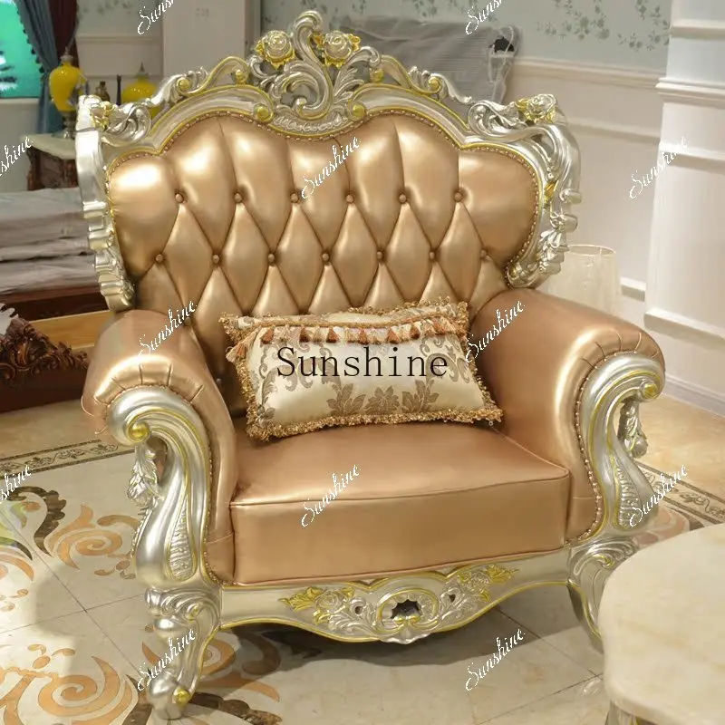 

European leather sofa combination solid wood carving flower living room small apartment champagne gold-painted furniture TF