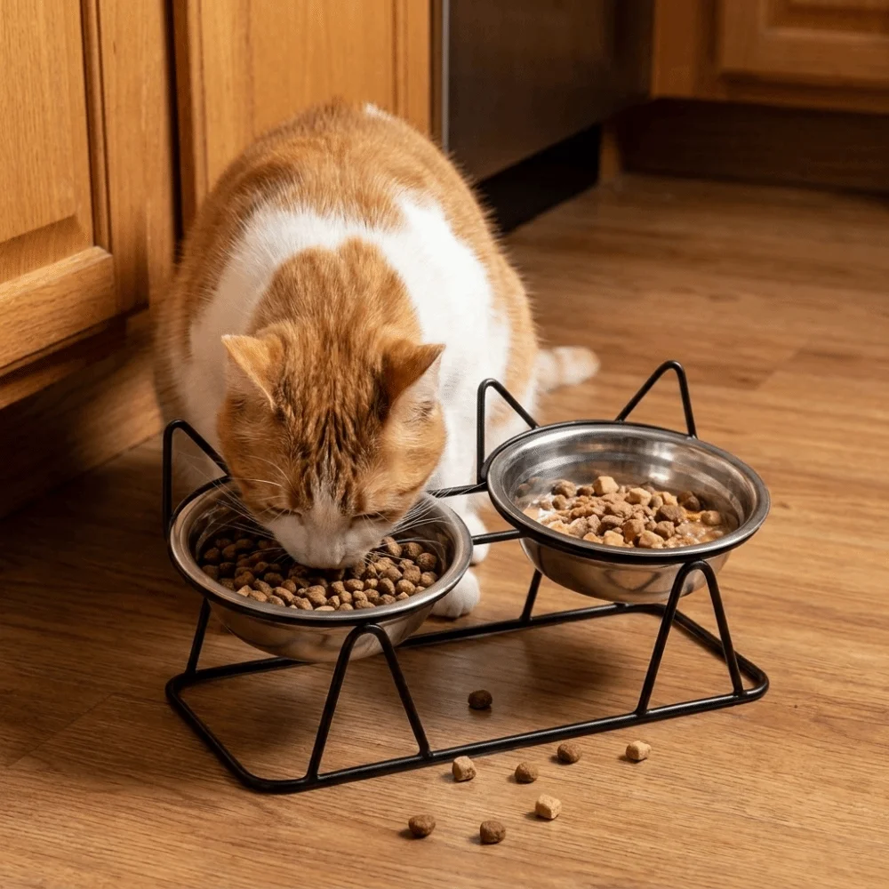 Fall-Resistant Raised Pet Feeding Bowls Anti Overturning with Stand High Foot Dog Feeder Thickened Cat Double Bowls Wet Dry Food