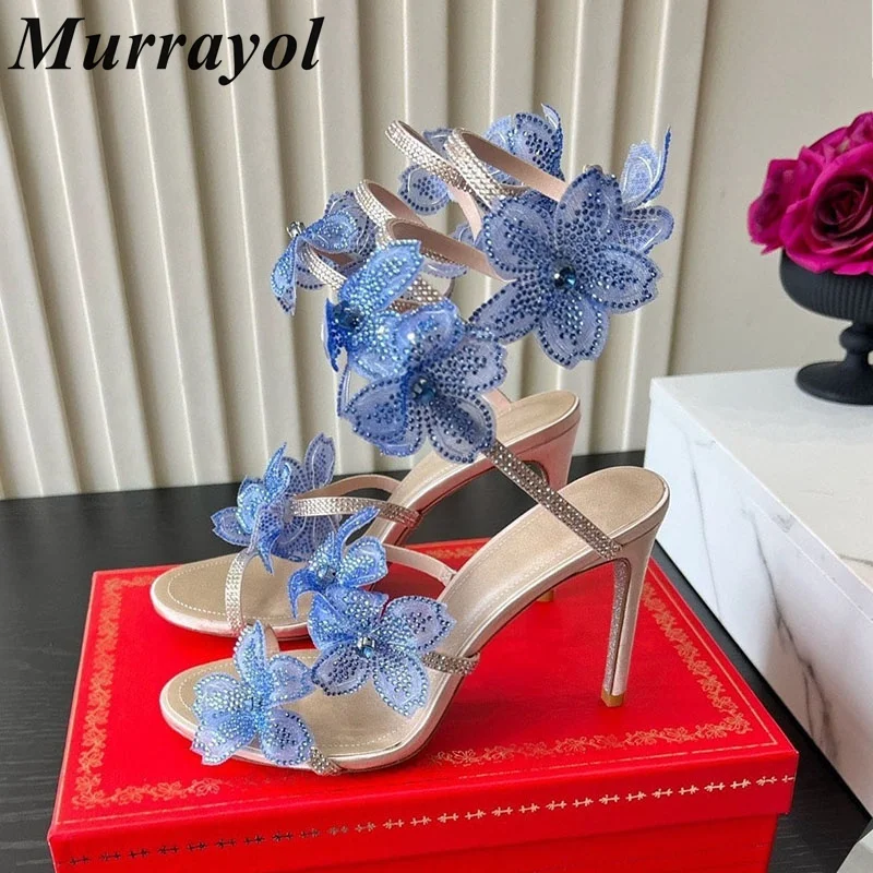 Summer mixed color sparkling crystal flower decoration women's high-heeled sandals snake shaped winding banquet dress shoes