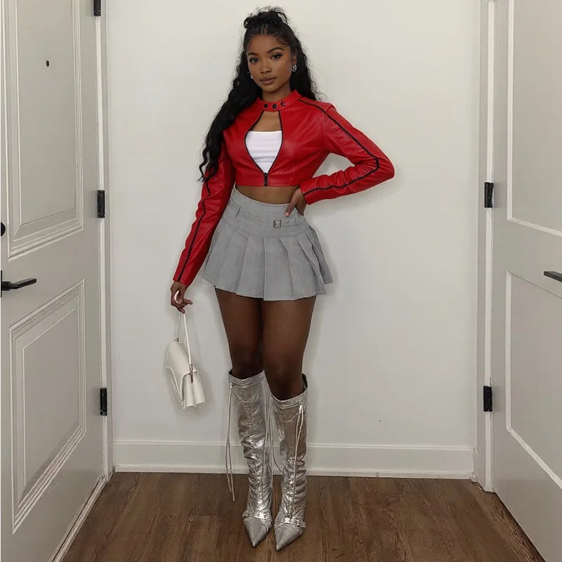 

Куртки из искусственной кожи, модные мотоциклетные куртки с воротником-стойкой и длинными рукавами на молнии, тонкое пальто, женские однотонные укороченные топы Y2K, повседневная уличная верхняя одежда