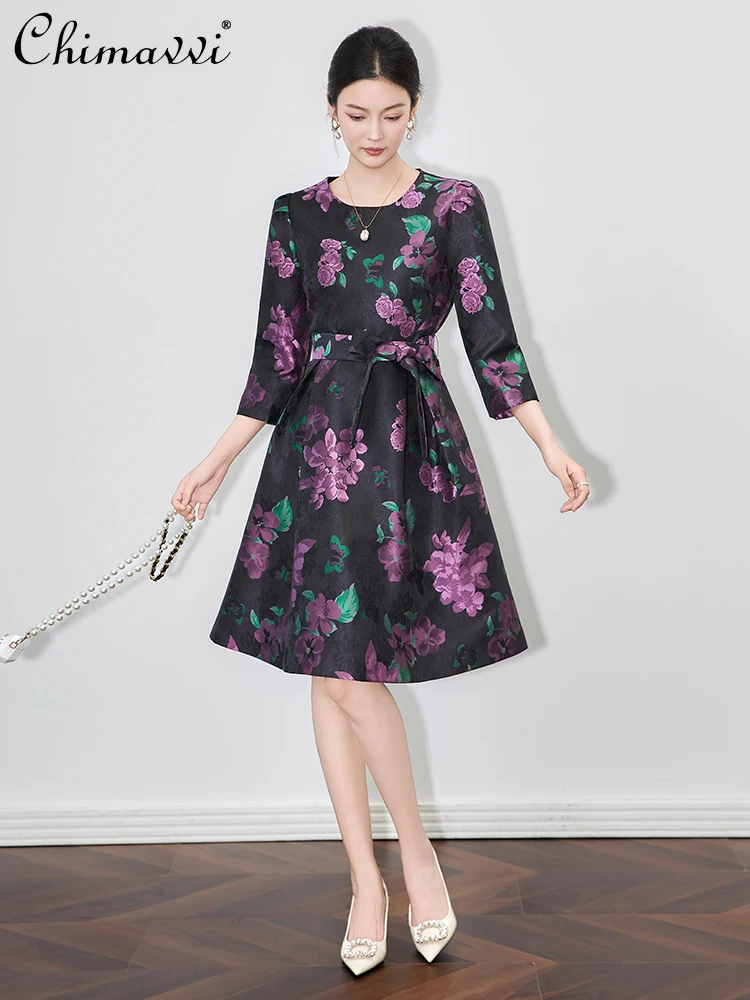 

2025 Autumn New Elegant Socialite Jacquard Evening Party Dress French Round Neck Long Sleeve Lace-up Slim A-line Dress for Women