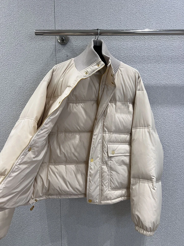 سترة شتوية بيضاء كاجوال يومية للنساء، سترة سفلية برقبة دائرية وسحاب فضفاض وأكمام طويلة