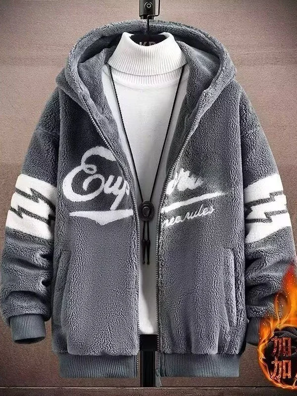 

Lamb Fur Lined Thiened Hooded Cotton Jaet for Men Winter Warm Youth Faionable Casual Zipper Closure Stand Fit Coat