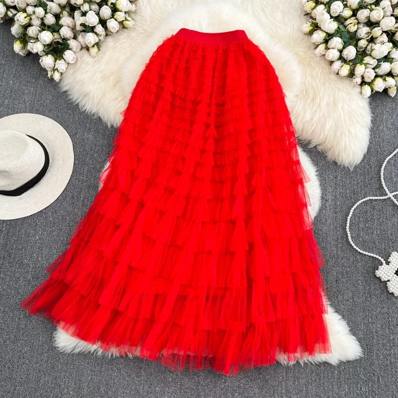 

Skirts Y2k High Waist Elastic Jupe Tulle Cake Mujer Faldas Ruffles Long Mesh Skirt Casual Women Clothes Dropshipping P483