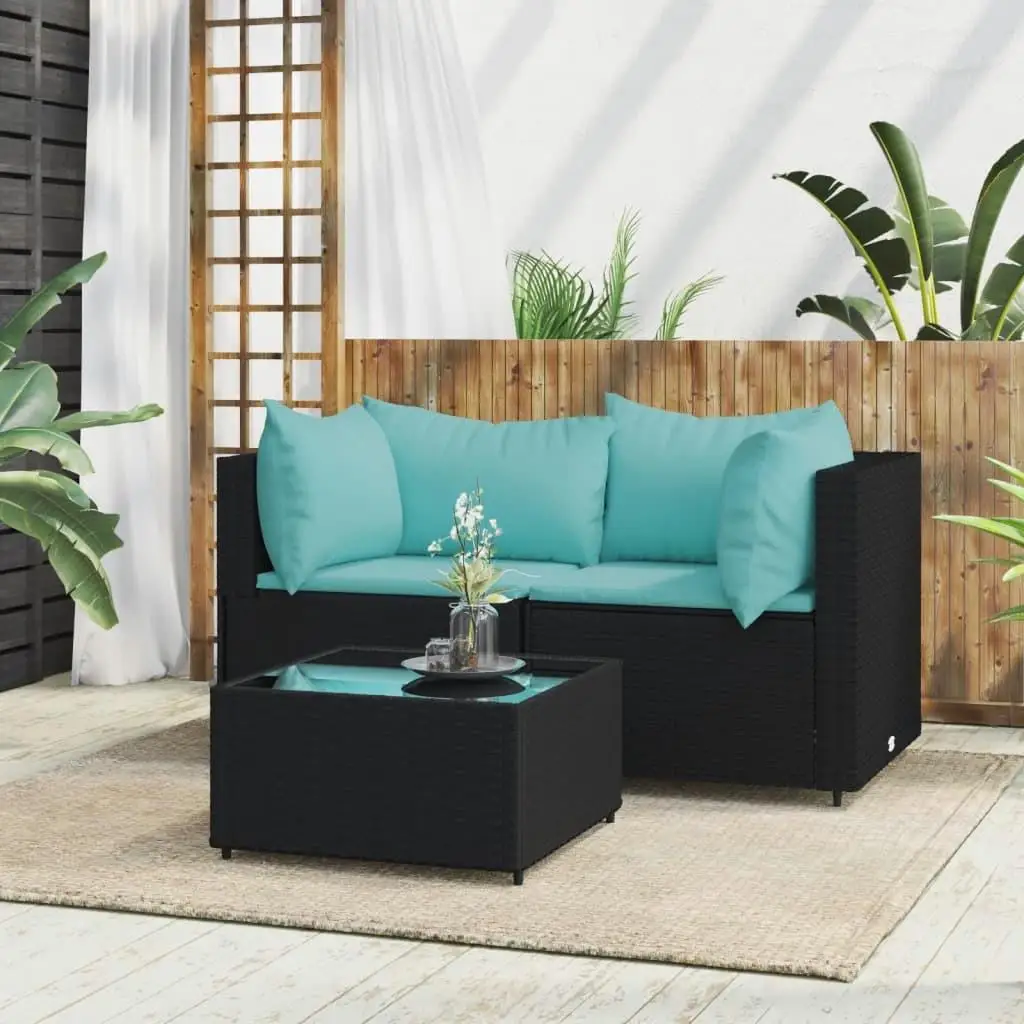 3-Piece Patio Lounge Set with Cushions - Black Poly Rattan Garden Furniture